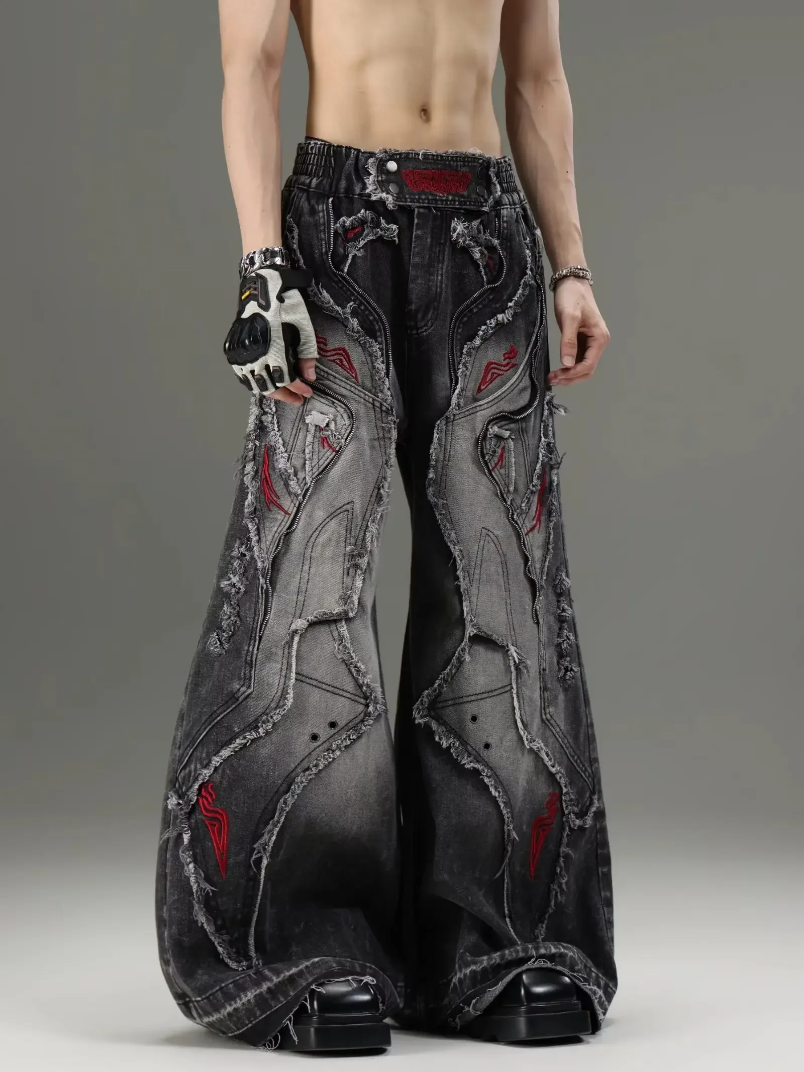 Gothic Retro Baggy Unisex Mopping Pants Y2K Phantom Jeans High Street Red Embroidered Patch Hip Hop Streetwear Straight Jeans