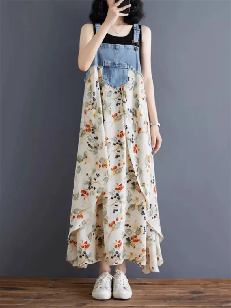 

Literary Artistic Lady Sweet Summer Printed Denim Patchwork Dress Irregular Loose Pleats Versatile Temperament Midi Dress K1816