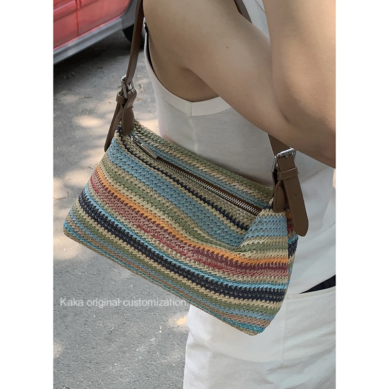 Miyagawa Summer Niche Woven Underarm Bag Women\'s 2024 New Fashion Hand-held Grass Woven Versatile Single Shoulder Crossbody Bags