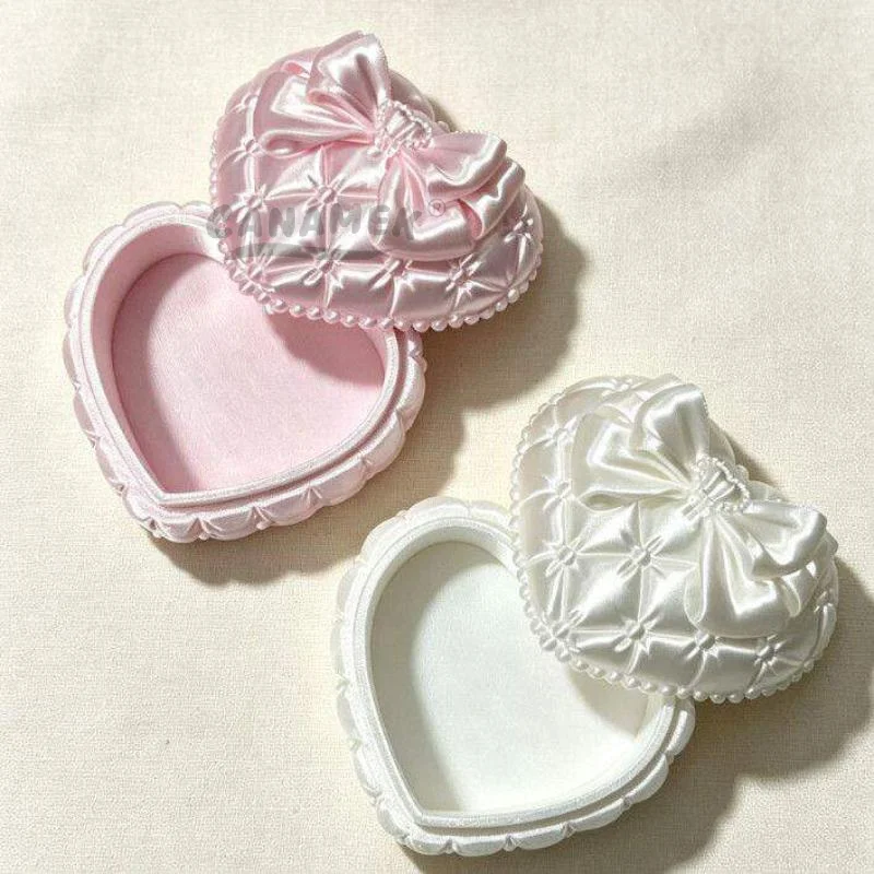 Ins Style Exquisite Trinket Storage Organizer Silk Heart-Shaped Jewelry Box With Bowknot For Women Gift