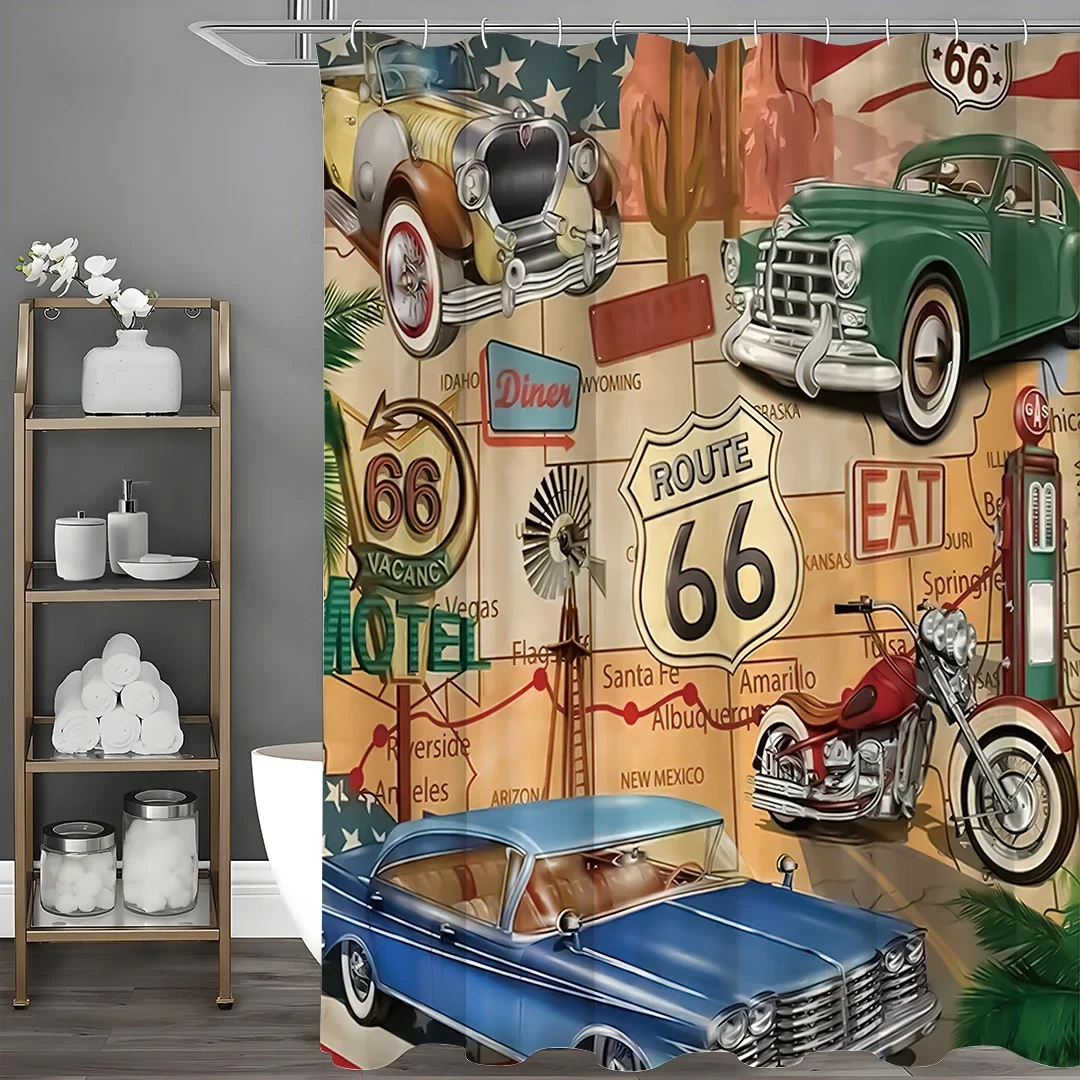 Route 66 Theme Background Comic Book Vintage Road Map Cars Motorcycles Historic Shower Curtain, Bathroom Decorative Shower Curta