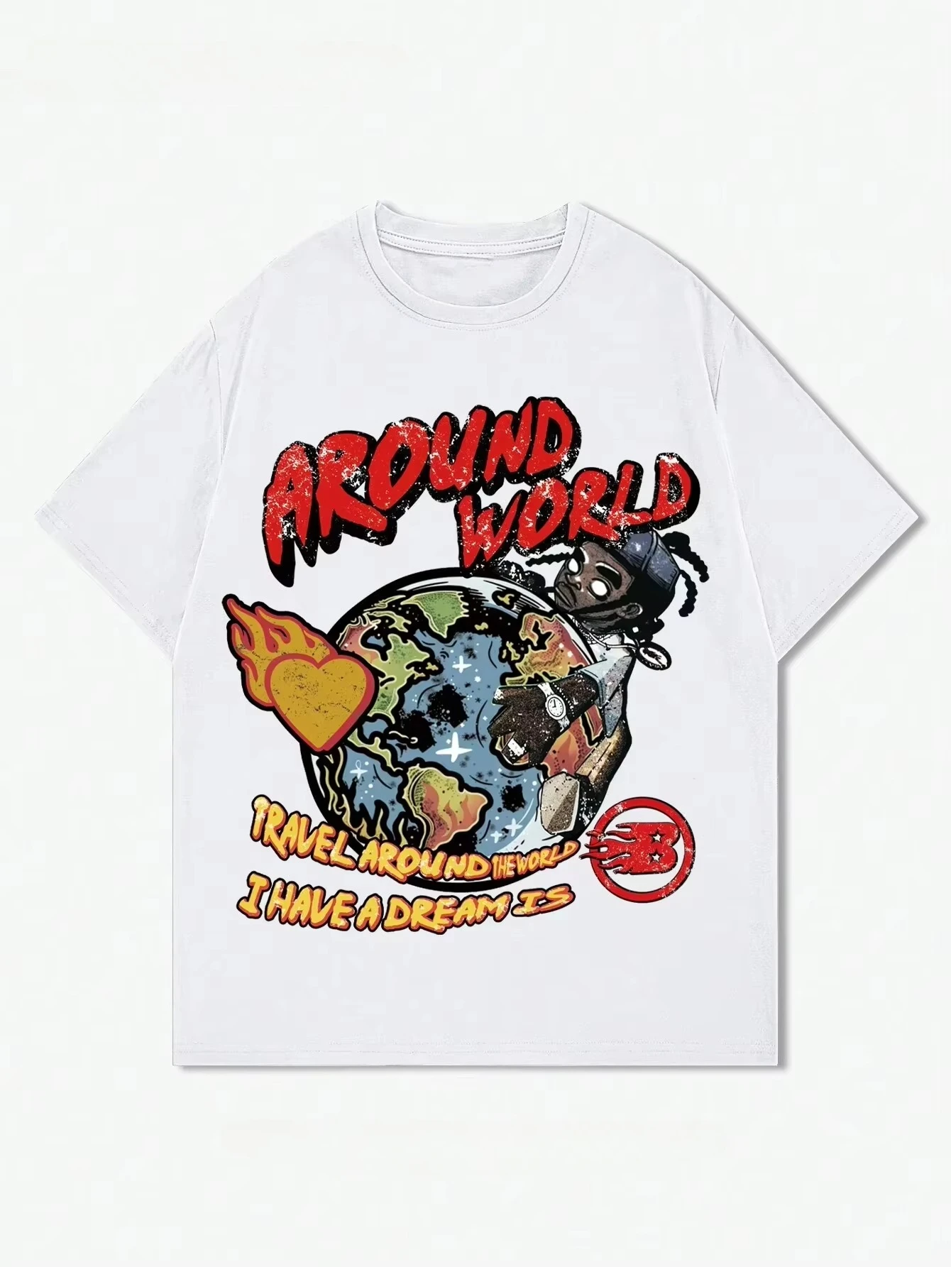 2026 جديد الأبيض طاقم الرقبة تي شيرت مطبوع لباس غير رسمي الشارع الأمريكي الهيب هوب عادية رياضية مريحة قصيرة الأكمام