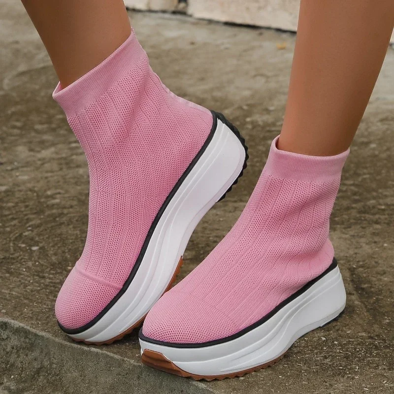 Women Shoes New Women\'s Boots Fashion Stretch Knit Sock Boots Autumn Winter Short Tube Platform Ankle Boots Female