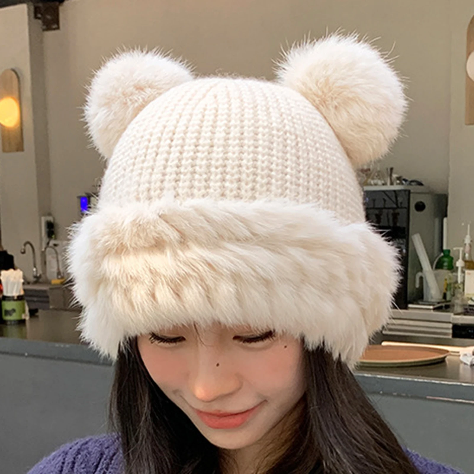 Bear Ears Knit Hat Winter Warm Fluffy Beanie For Women Oversized Cute Soft Hat With Thick Fleece Lining Cycling Riding Warm Hat