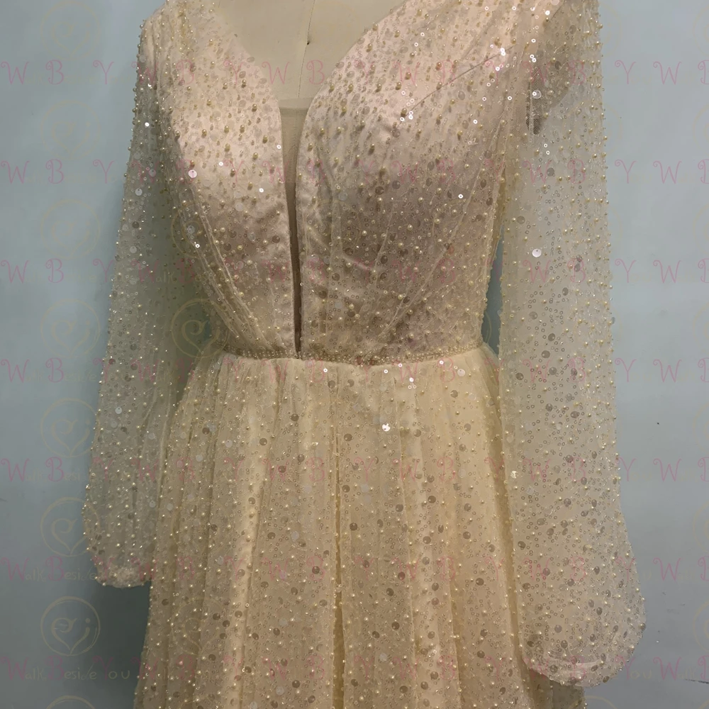 Mini robe de mariée à manches longues, courte, Sexy, moderne, Simple, brillante, scintillante, pour mariée, Champagne, bohème, Tulle de plage