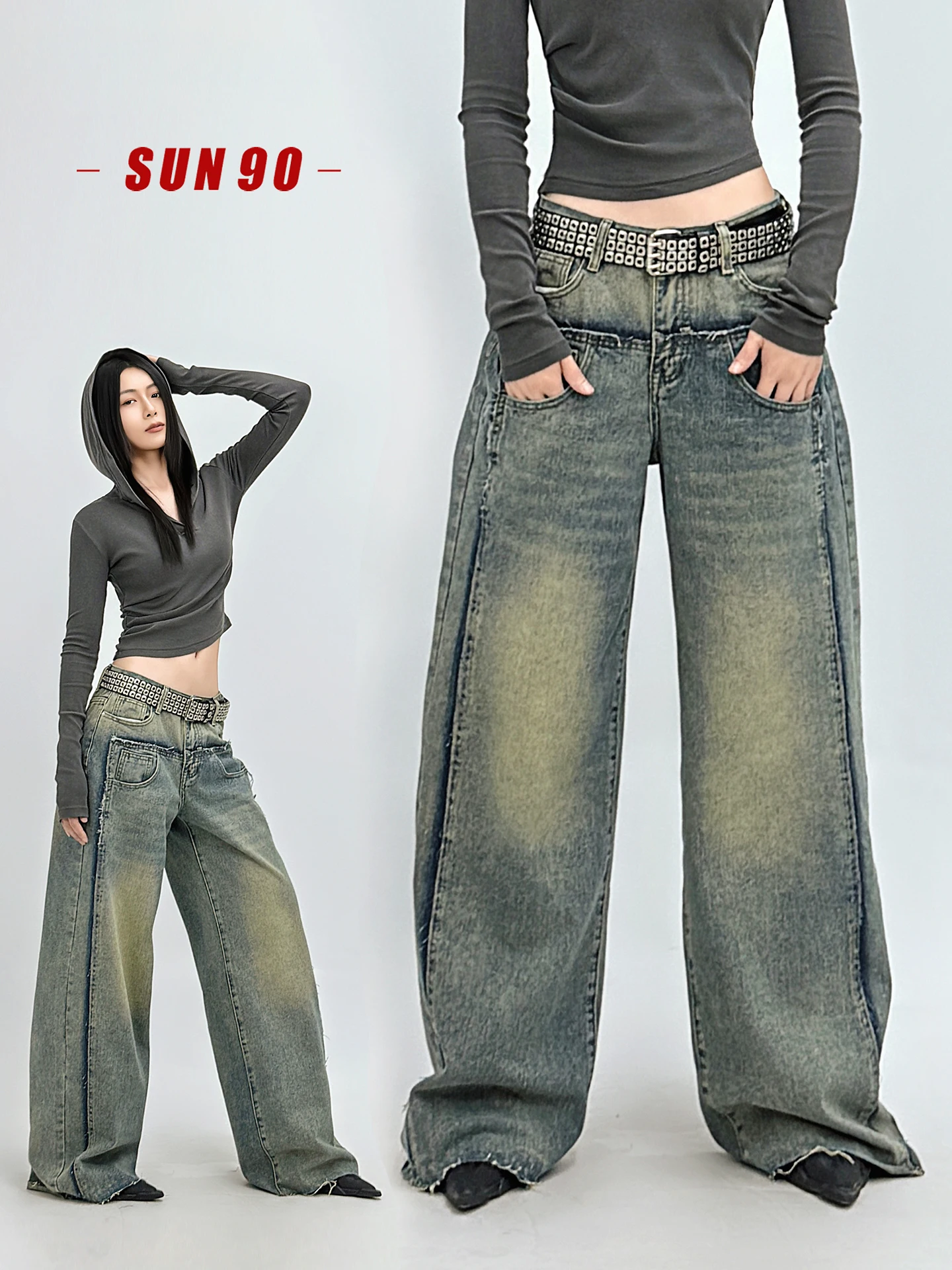 

Джинсы женские SUN90 винтажные, с эффектом пэчворк, сильно потертые, с рваными краями, свободного кроя, широкие штанины, с высокой талией, повседневные, износостойкие