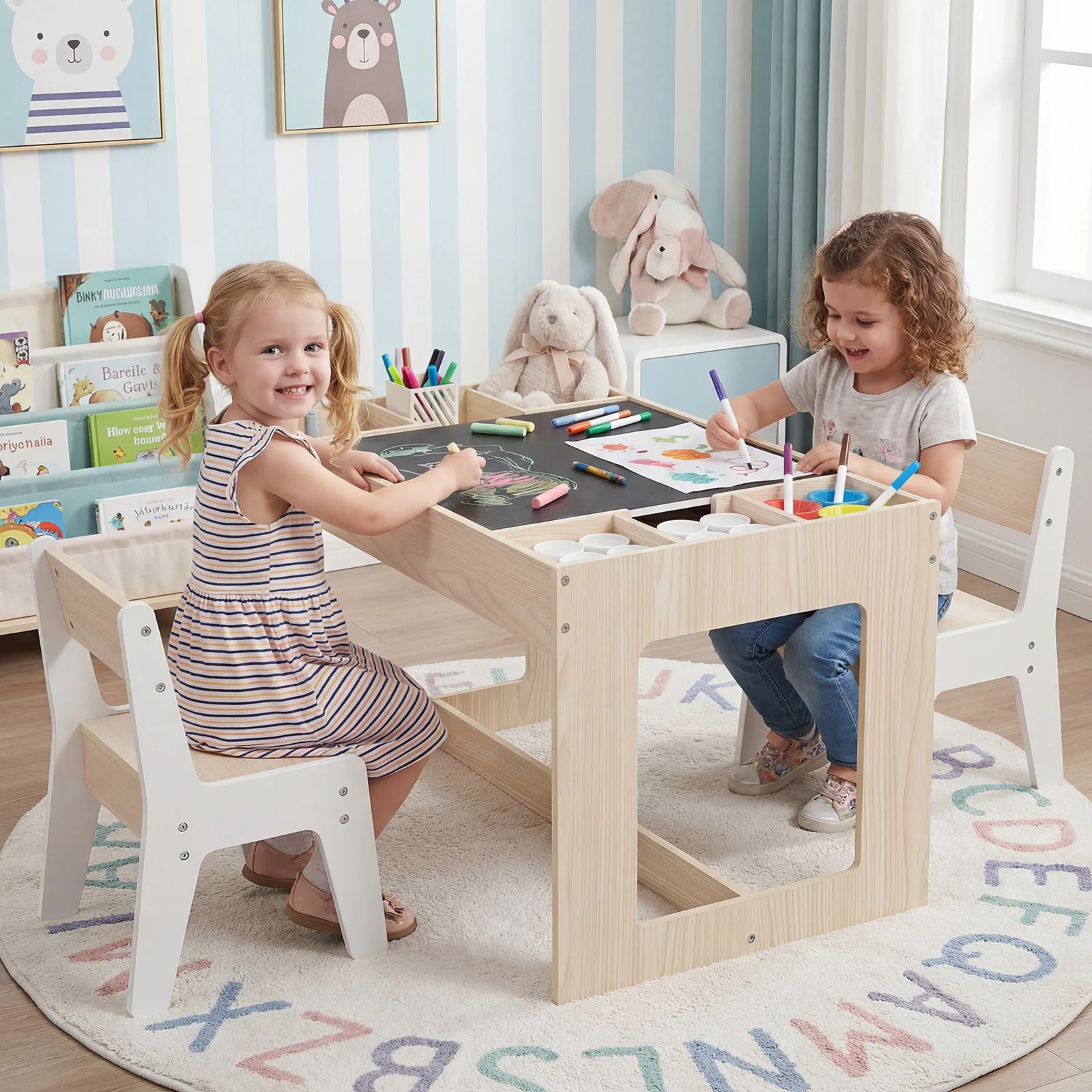 Multifunctional Kids Table & 2 Chairs Set w/ Removable Double-sized Tabletop view 3