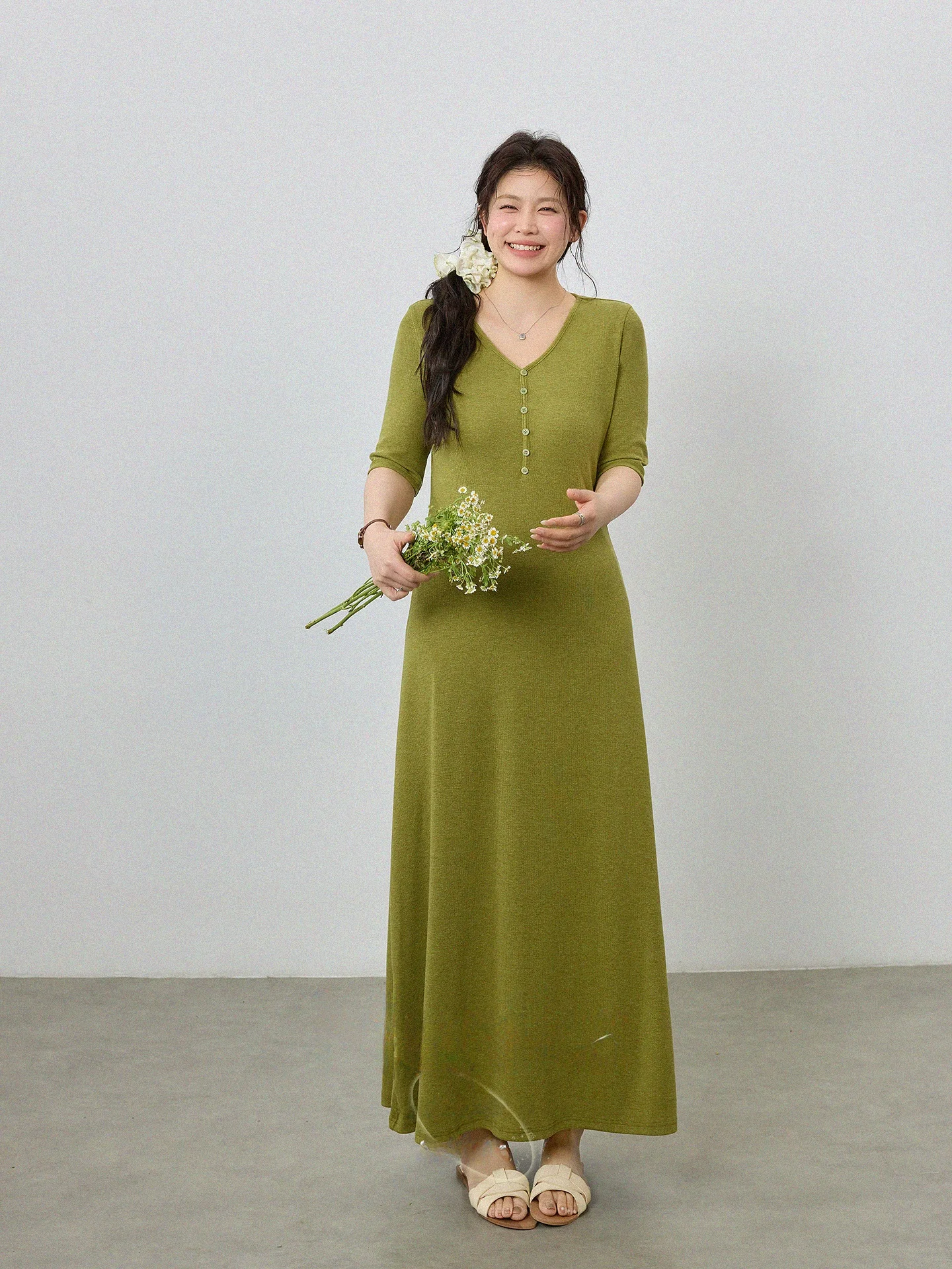 

plus Size Women's Long V-Neck Green Dress Slim Fit A-Line Skirt Five-Quarter Sleeve Overhead Simple Style High Waist Co...