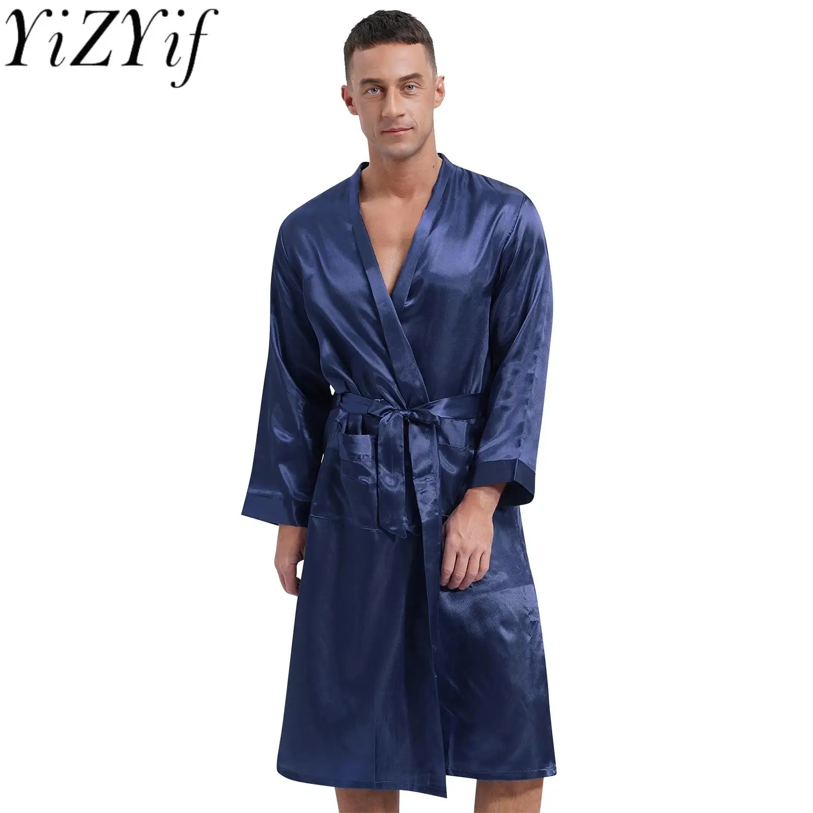 

Mens Silky Satiny Bathrobe with Pockets Waist Belt Bath Robe Home Gown Sleepwear Long Sleeve Kimono Mid Robe Pajamas Nightgown