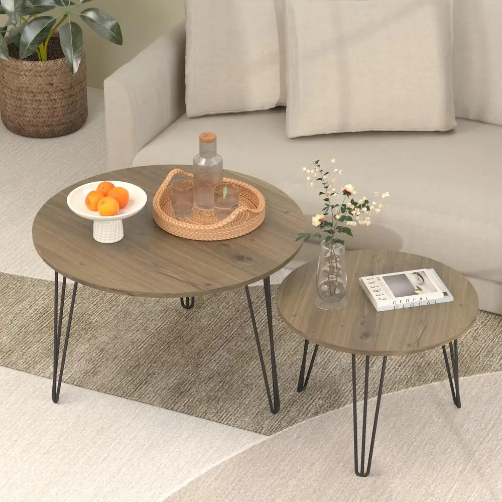 

27.56'' Round Nesting Coffee Table Set of 2 Circular End Tables Imitation Marble Wood Top Sturdy Metal Base Brown