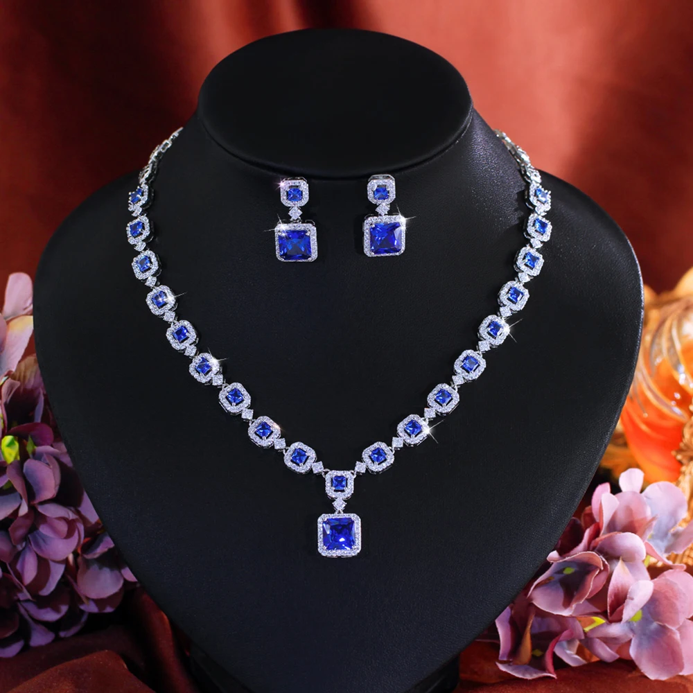 

CWWZircons Elegant Shiny Blue CZ Zircon Square Necklace 2Pcs Sets for Women High Quality Evening Party Jewelry Accessories T0991