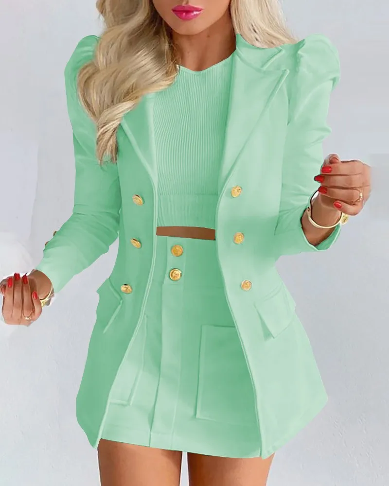 Cacocala 2023 Spring New Suit Long-sleeved Solid Color Women Top Mini Skirt Two-piece Female Blazer