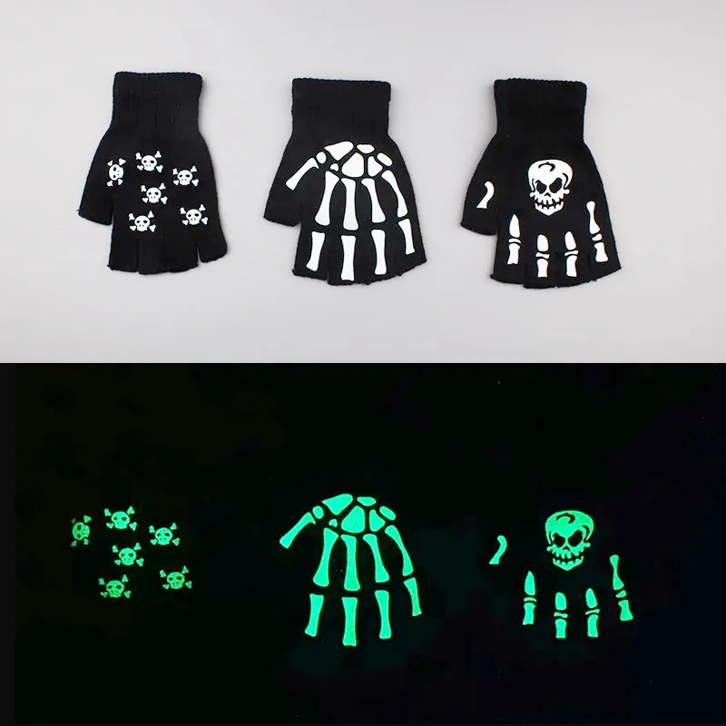 Moda halloween inverno luvas mais quentes luminosa horror crânio osso esqueleto metade dedo luvas cosplay novidade unisex luvas