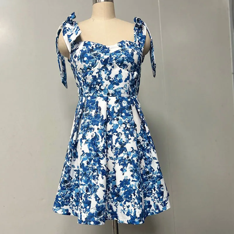 Casual boho feminino verão floral impressão mini vestido sexy arco sem costas sem mangas praia vestido de verão elegante noite vestidos de baile