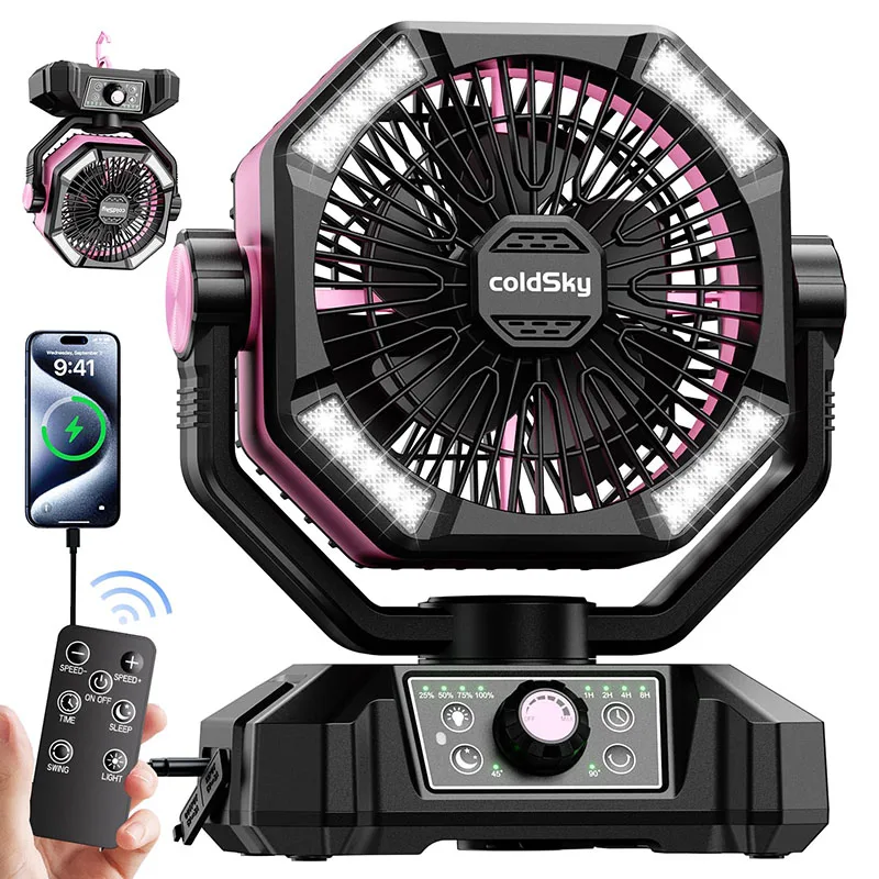 20000 mAh Akku Campingventilator mit 4 LED-Laterne, 8 Geschwindigkeiten, Schreibtischventilator, tragbarer Outdoor-Ventilator für Campingzelt und Angeln im Freien
