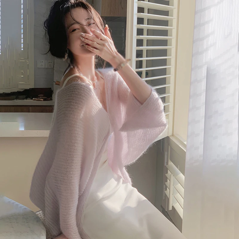 2024 Summer Comfortable Casual Elegant Mohair Knitted Cardigan with Sunscreen and Lazy Design Top