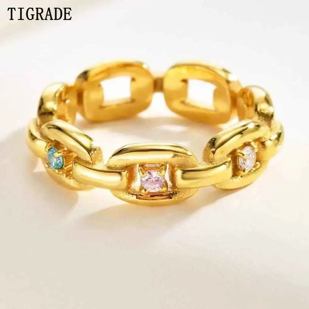 Tigrade Neuer bunter Zirkon-Ring mit dicker Gliederkette für Damen, Edelstahl-Riemenkettenringe, stapelbar, modischer Schmuck