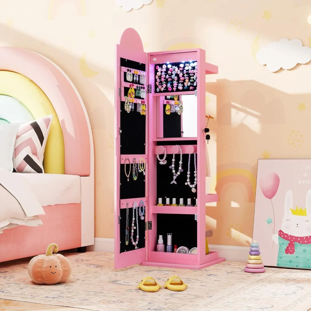 

Jewelry Cabinet with LED Lights, Rainbow Standing Jewelry Armoire w/Full-Length Mirror & Makeup Mirror