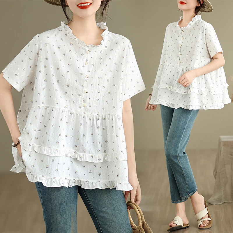 

plus Size Women's Slimming Cotton Linen T-Shirt Vintage Collar Base Shirt Meat Covering Top Breathable Summer New Arrival