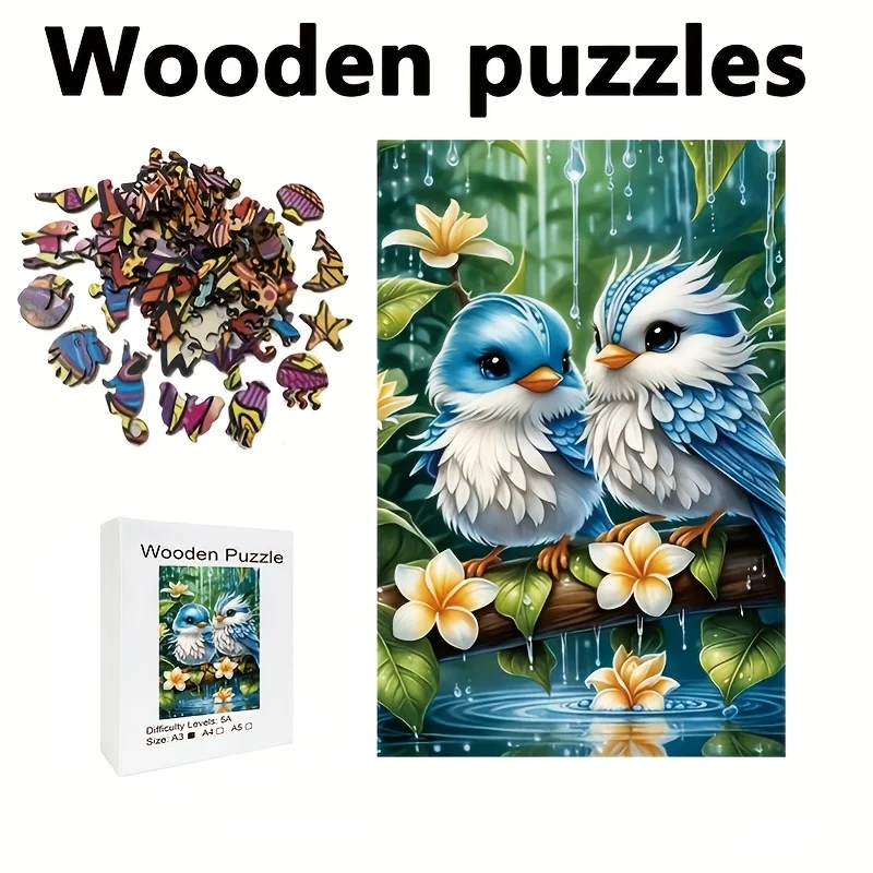 5A Challenger-Schwierigkeitsgrad-Holzpuzzle – zwei blaue Vögel im verzauberten Regenwald mit Blumen und Schmetterlingen, unregelmäßig-S
