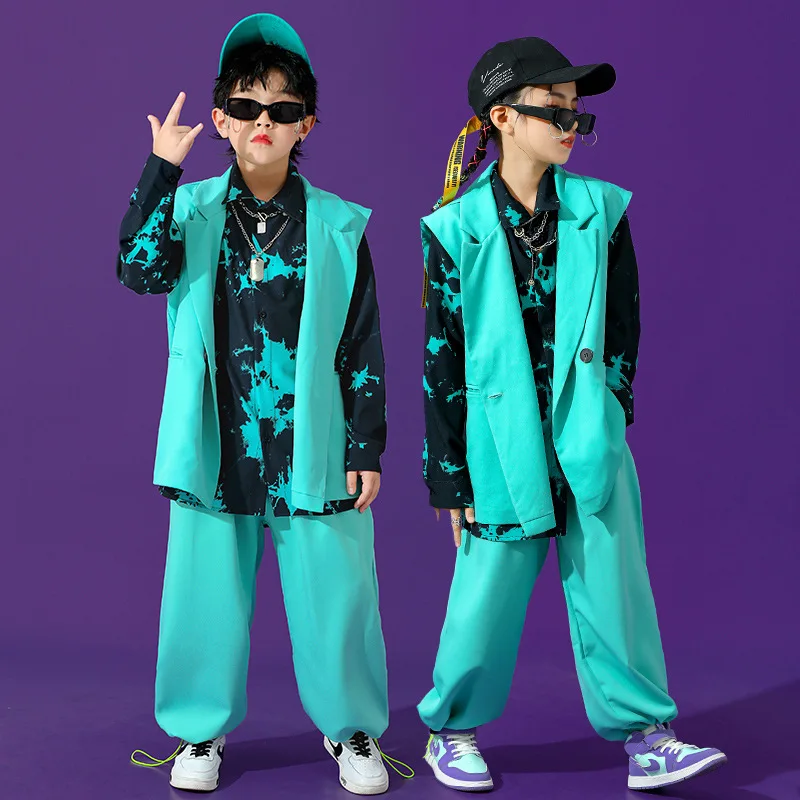 

Sleeveless Blazer Jacket Top Vest Streetwear Baggy Pants for Girl Boy Jazz Dance Costume Clothes Set Kid Kpop Hip Hop Clothing