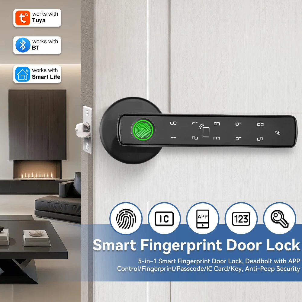 

Tuya Bluetooth Biometric Door Handle Lock Smart Home Control Smart Fingerprint Unlocking Smart Electronic Lock Home Security