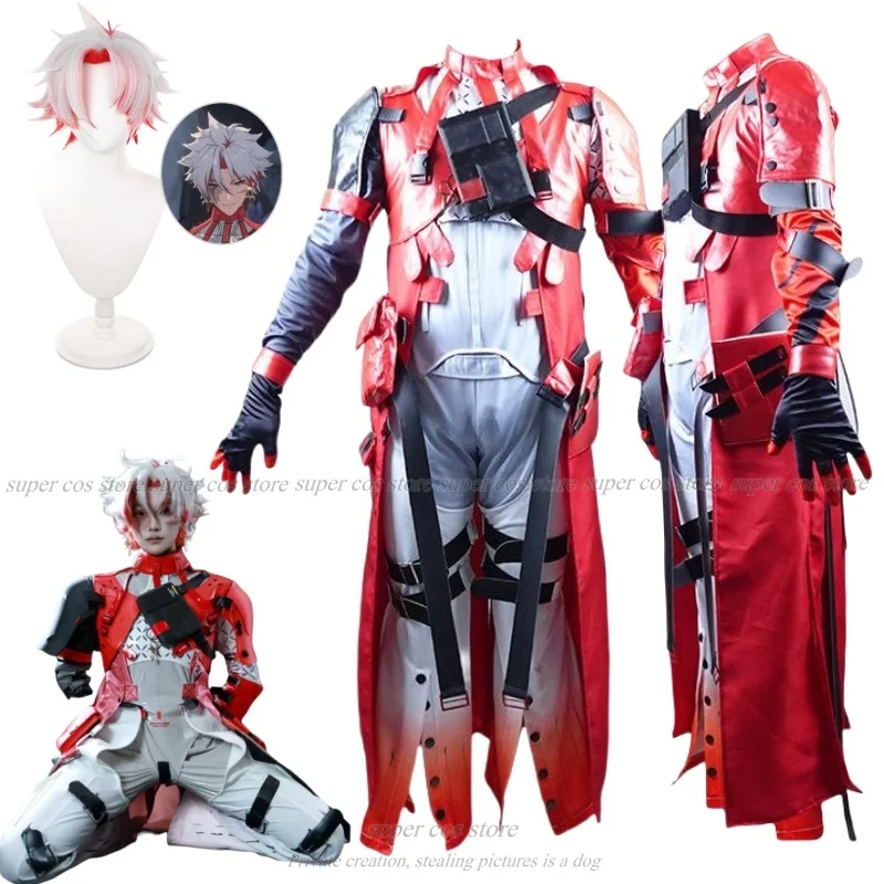 Wuthering Waves Scar Cosplay Costume Wig Men Uniform Headwear Earrings Electro Congenital Resonator Red Cortex Halloween Party