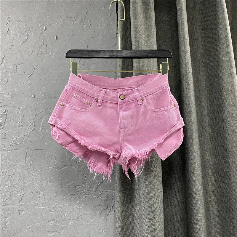 Shorts Low-Waist Denim Denim For Womensexy Shorts Women's Hot Pants 2024 Summer New Washed High Street Tassel Fringe Wide-Leg A-