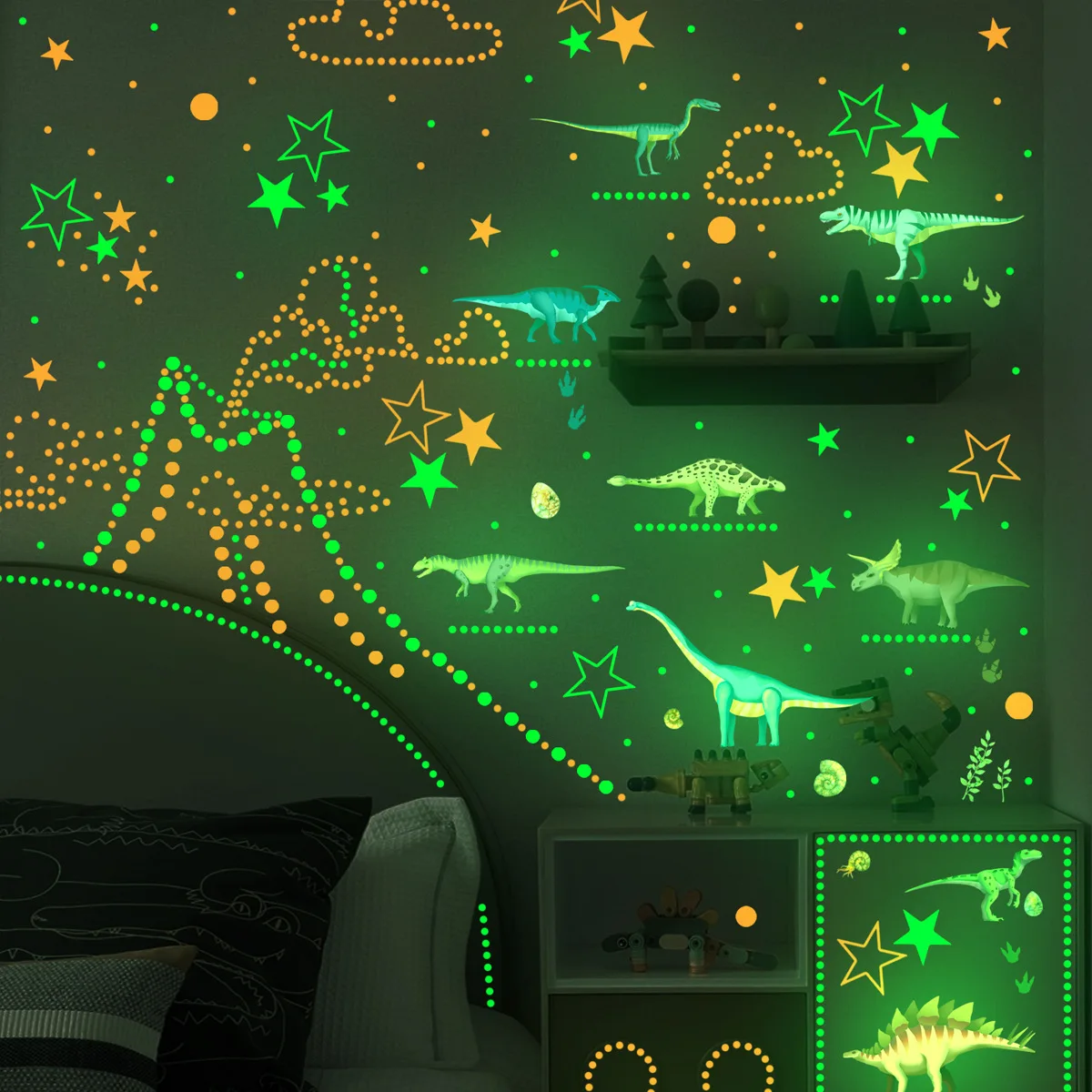 Dino Discovery Glow Set, Interactive Star Chart Stickers AR Compatible Night Light Decor for Young Paleontologists