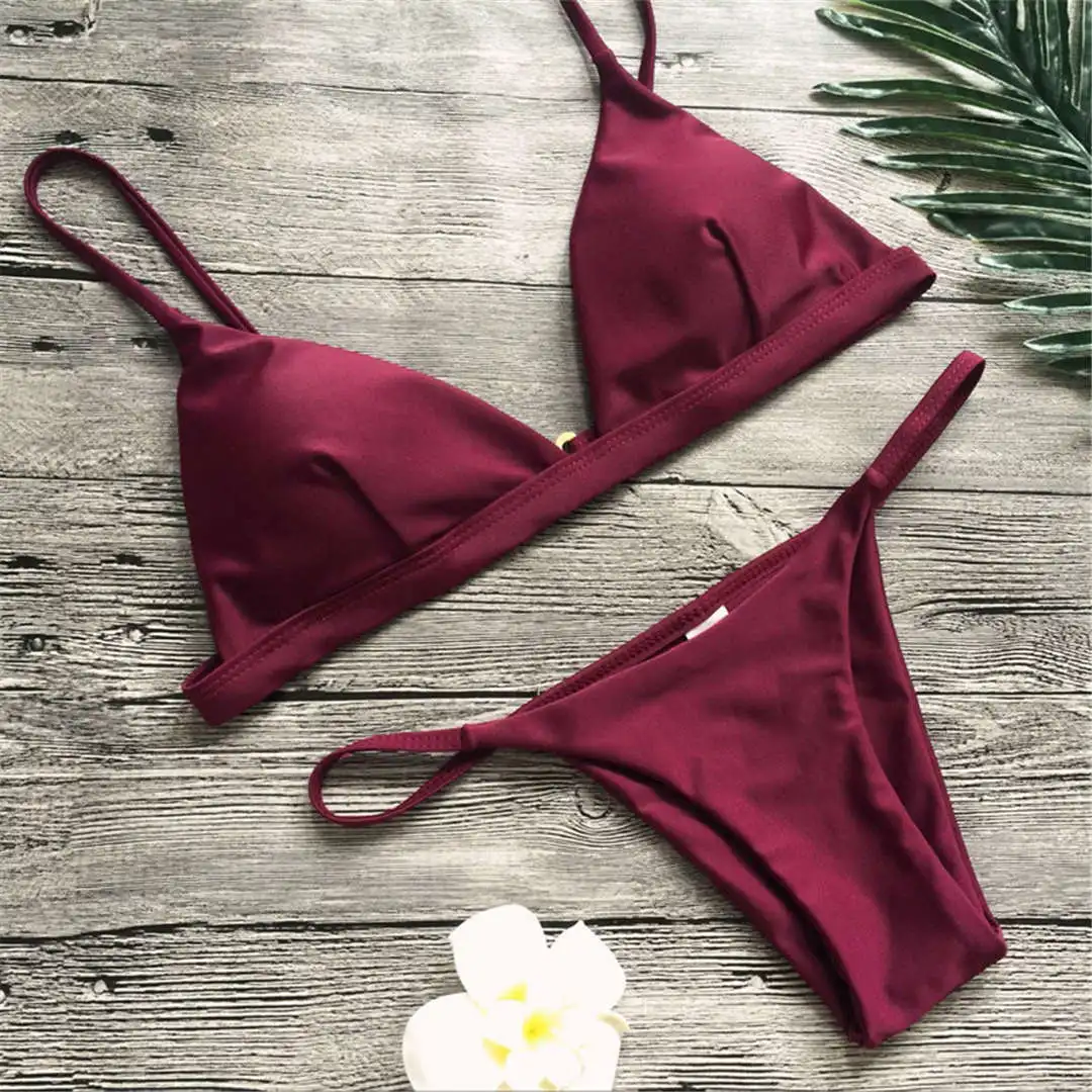 Neuer, verführerischer, gepolsterter brasilianischer Bikini, Damen-Badeanzug, zweiteiliges Bikini-Set, einfarbiger Badeanzug, Damen-Badebekleidung, V64A. – Detail 39