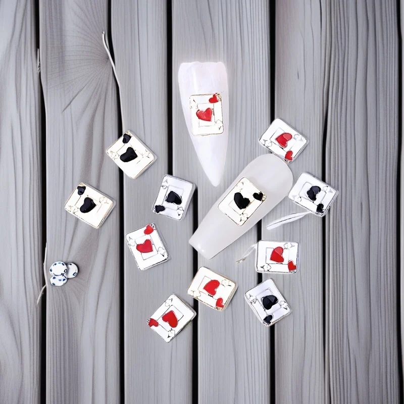 10Pcs Trendy Poker-Themed Nail Charms - Red Heart Alloy Nail Decorations with Gold & Silver Edges for Unique Manicure Designs