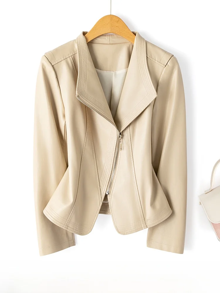 

Slim Fit ort eepskin Leather Jaet Women's Waist-Cinching Coat Warm Commute Sle Long Sve Zipper Closure Faionable