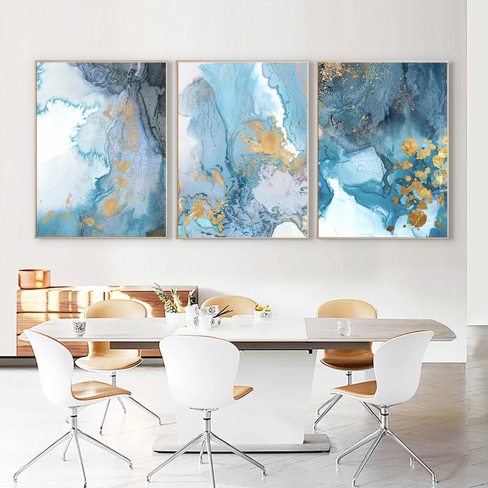 3 Panel Abstract Blue Painting With Gold Foil Nordic Modern Canvas Prints And Posters Wall Art For Living Room Home Decoration