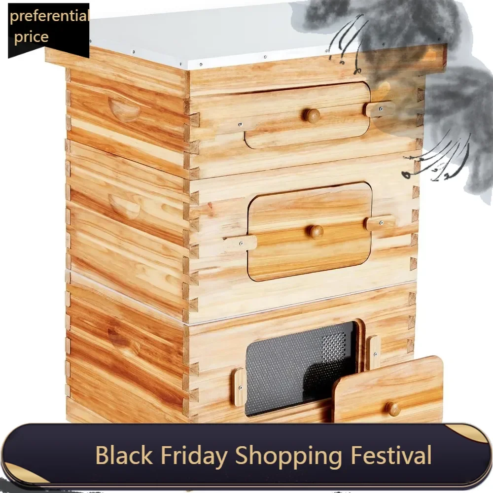 Bee Hive 10 Frame Bee Hives Starter Kit, Beeswax Coated Fir Wood, 2 Deep + 1 Medium Bee Boxes Langstroth Beehive Kit