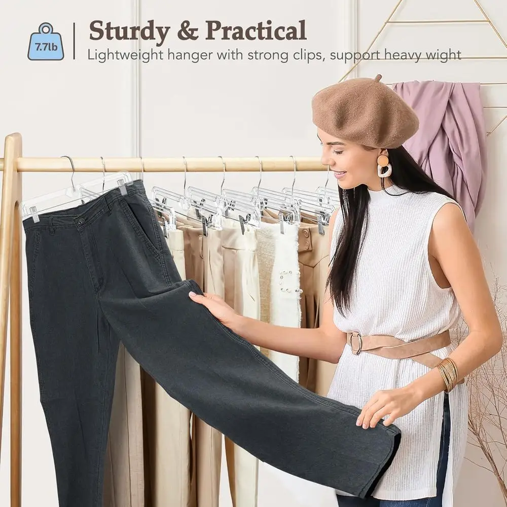 50 Pack Heavy Duty Clear Pants Hangers, 14'' Skirt Hangers | No-Mark Clip Hangers with Stronger Grip, Adjustable Clips for Jeans