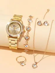 6pcs Fashionable Diamond Inlaid WOMEN'S Steel Band Quartz Watch with Bracelet, Necklace, Ring, and Earring Combination Set