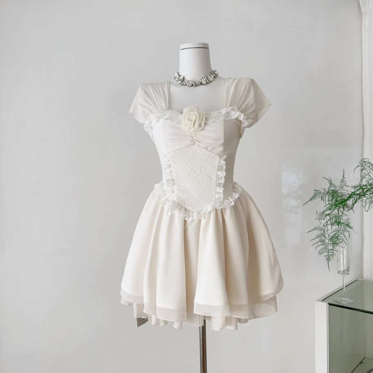 

Summer Lolita Kawaii Mini Dresses Women Flying Sleeve Japanese Sweet Cute Dress Female Korean Style Ruched Fairy Party Dress