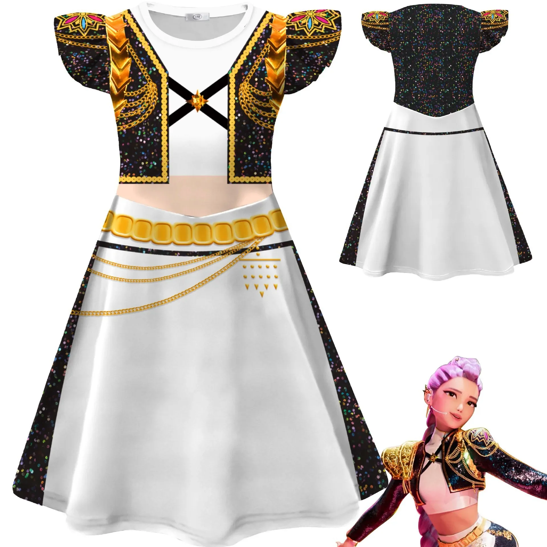 

Rumi Demon Hunters Cosplay Costume for Girl 3D Printing Dresses Halloween Role Play Movie K-Pop Group Idol Flying Sleeve Dress
