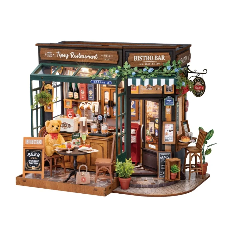 Robotime Rolife DIY Miniature House Kit Tipsy Restaurant Desk Bookshelf Decoration for Adults Gift Idea For Girls Boys Kids