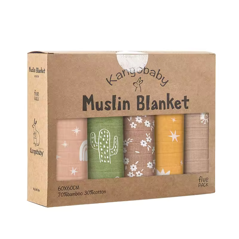 Kangobaby #My Soft Life# 5 Pieces Pack Multi-Functional Bamboo Cotton Muslin Blanket Baby Burp Cloth Set - Image 12