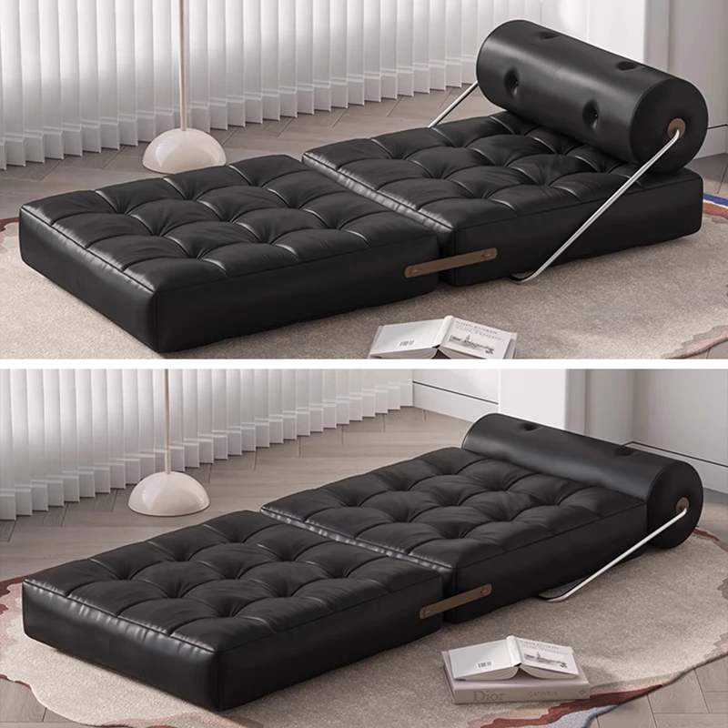 

Single sofa small apartment folding sofa bed black leather tofu block Taji lazy sofa can lie down and sleep