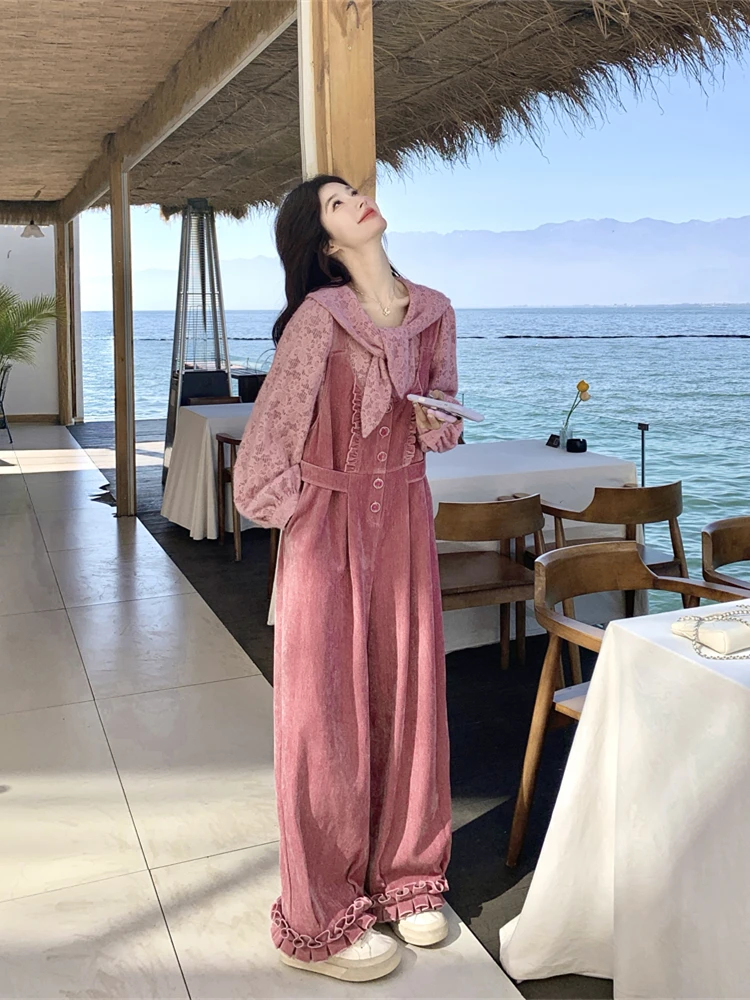 

Pink Lace Trim Jumpsuit with awl Women's Spring Autumn Two-Piece Set Design Sensation Breathable Loose Fit Long Sve irt