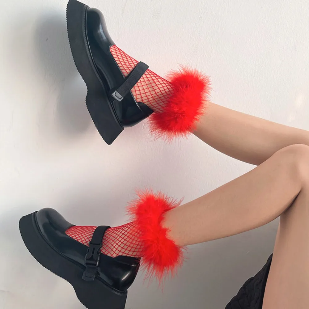 Unique Mesh Feather Fishnet Stockings Grid Bright Color Mid Tube Socks Ruffle Patchwork Socks Women Y2K Party