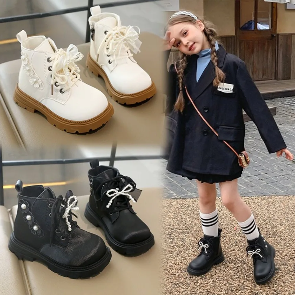 New 2026 Princess Style Kids Leather Ankle Boots with Beaded Bow Soft Sole for Girls AutumnClassic Christmas Party Footwear