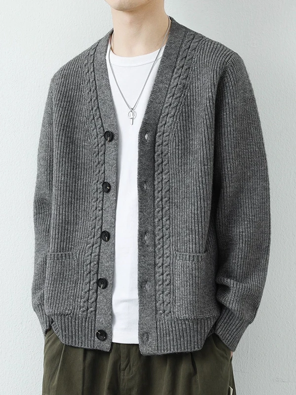 

Мужской вязаный свитер с узором «жаккард», свободный крой, повседневный, с V-образным вырезом, на пуговицах, однотонный, осенне-зимняя верхняя одежда, удобный крой