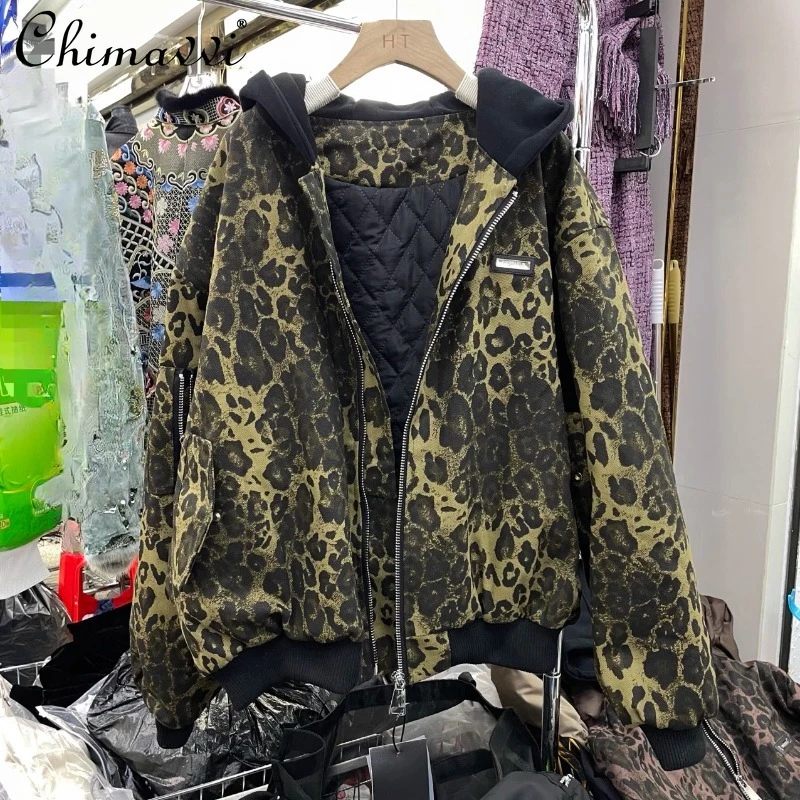 

2024 Autumn and Winter New Korean Version Loose Casual Hooded Leopard Print Padded Cotton Thickened Warm Jacket For Women