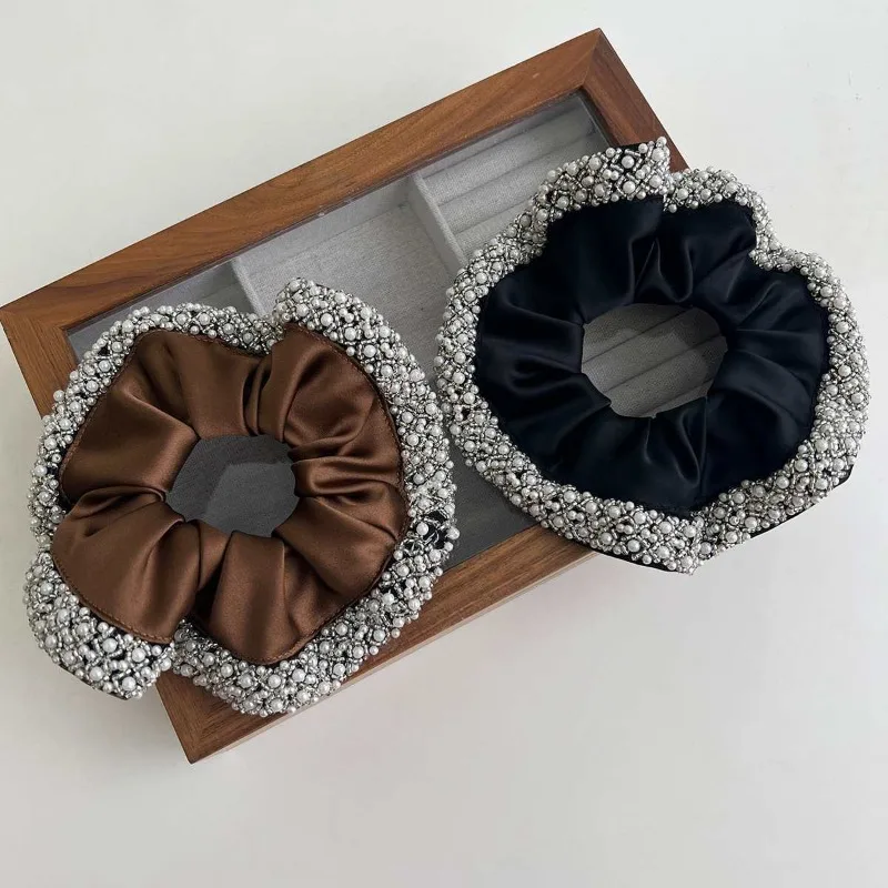 

High end satin black coffee colored headband, French retro pearl crystal edge, women's tied ponytail bun hair accessory