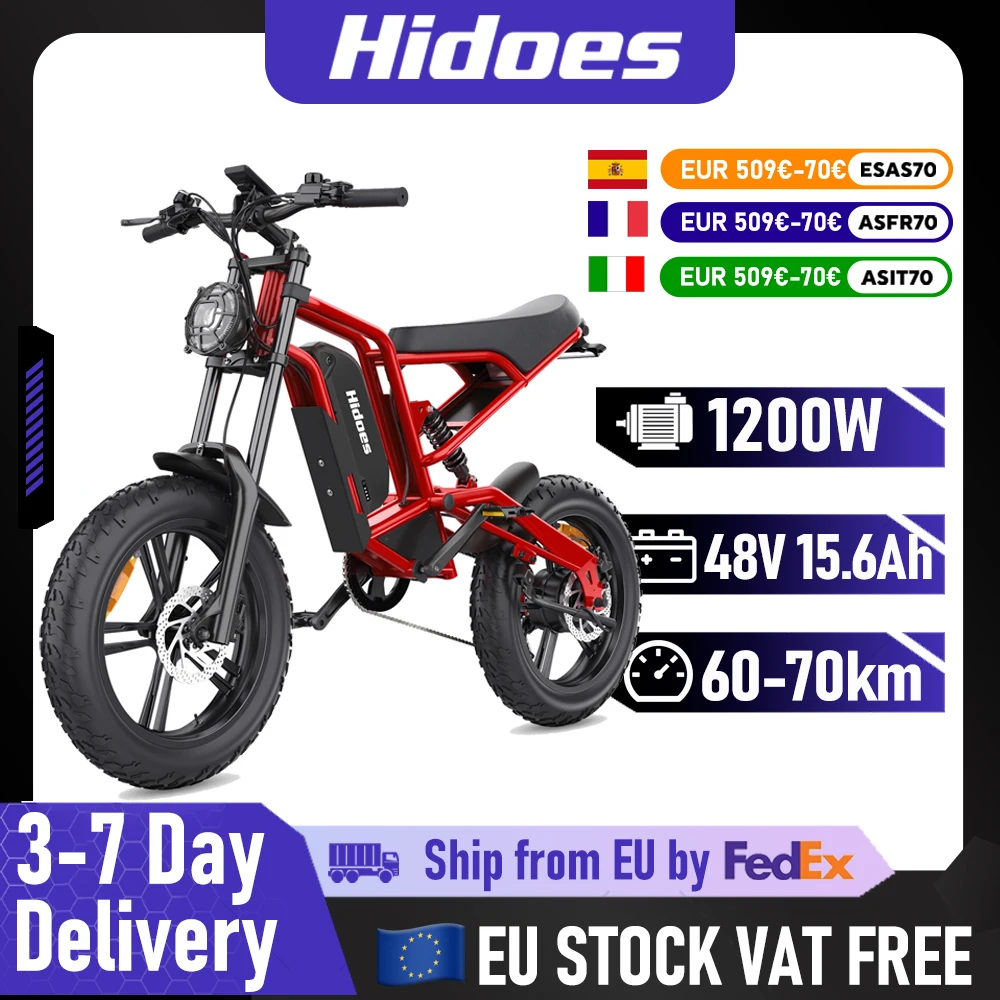 Vélo électrique Hidoes B6, moteur 1200W, batterie lithium 48V15.6AH, moto électrique, pneus larges 20*4 pouces, vélo électrique tout-terrain pour la neige