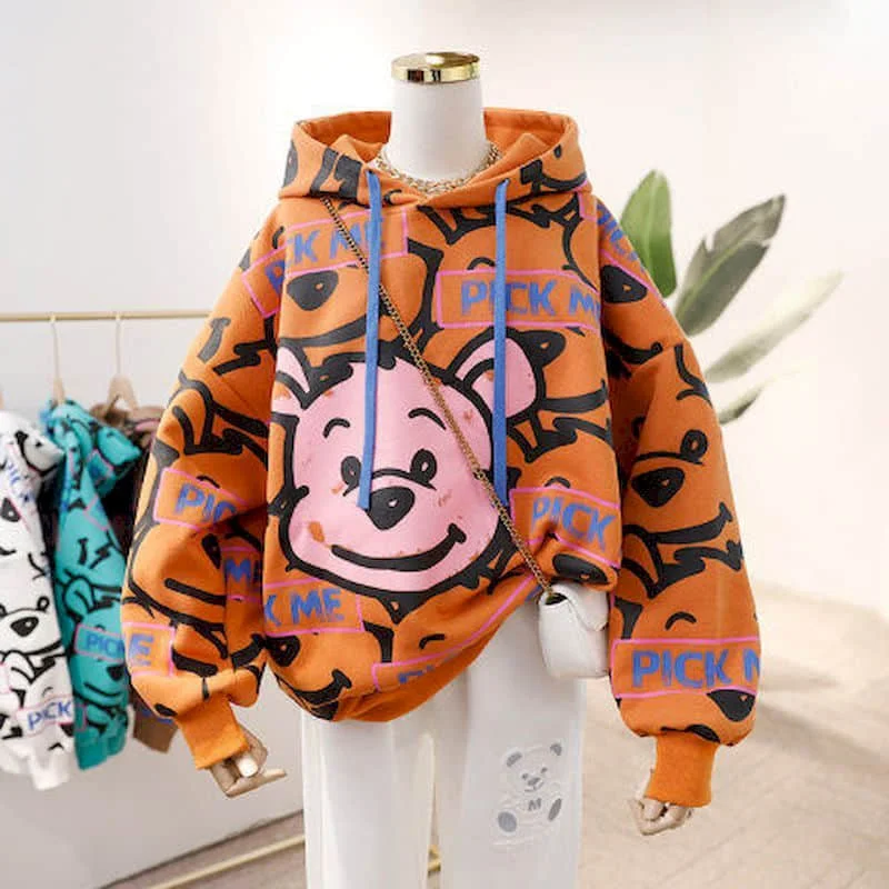 Vintage Hoodies Oversized Drawstring Hooded T-shirt Casual Cartoon Print Korean Style Long Sleeve Streetwear Women Clothes Trend