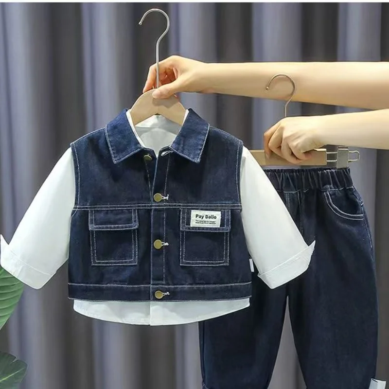 

Baby Boy Autumn Outfit Set 2025 New Children's Denim Vest Shirt Pants 3 Piece Set Boys' Clothing Set 90-150 CM
